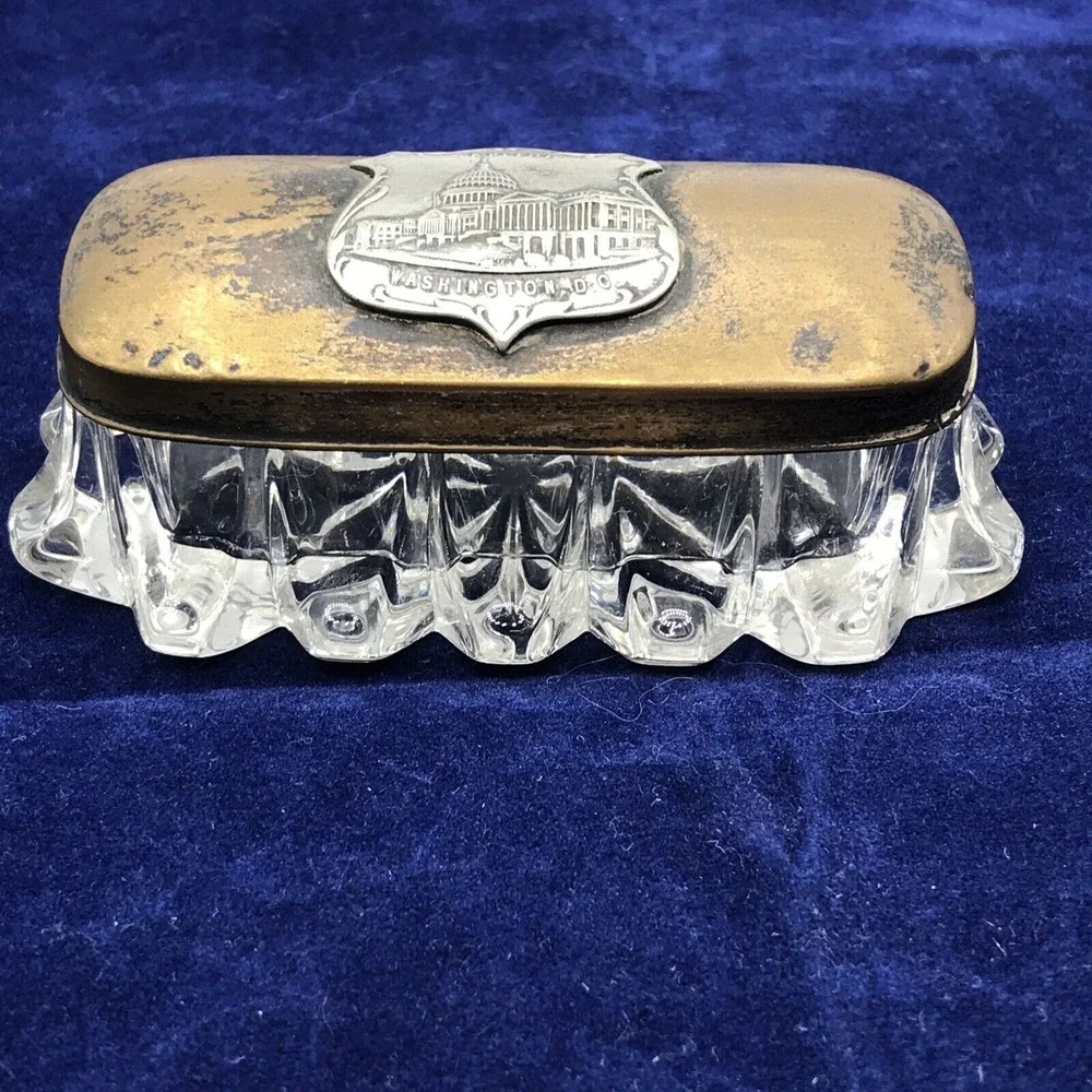 Trinket Box‎ Metal Lid Clear Glass Bottom WASHINGTON CAPITOL GLOWS see video